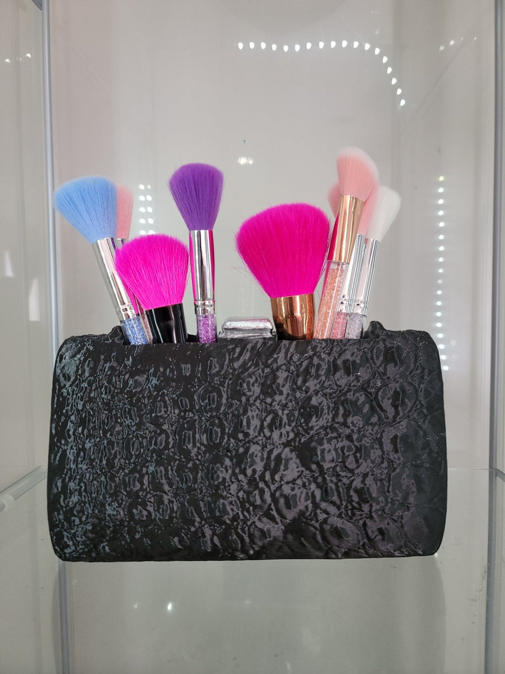 Elegant Black Clutch Makeup Brush Holder - Luxurious Vanity Organizer - JDColFashion