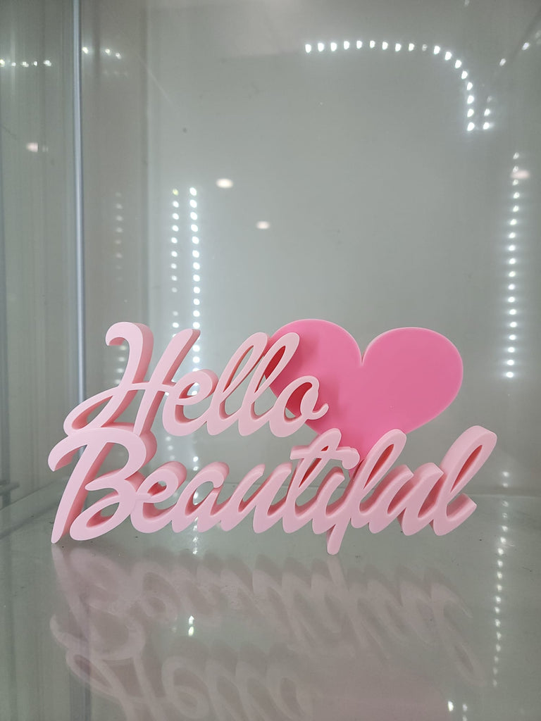 Hello Beautiful" 3D - Printed Pink Sign with Heart – Perfect for Vanity & Home Décor - JDColFashion