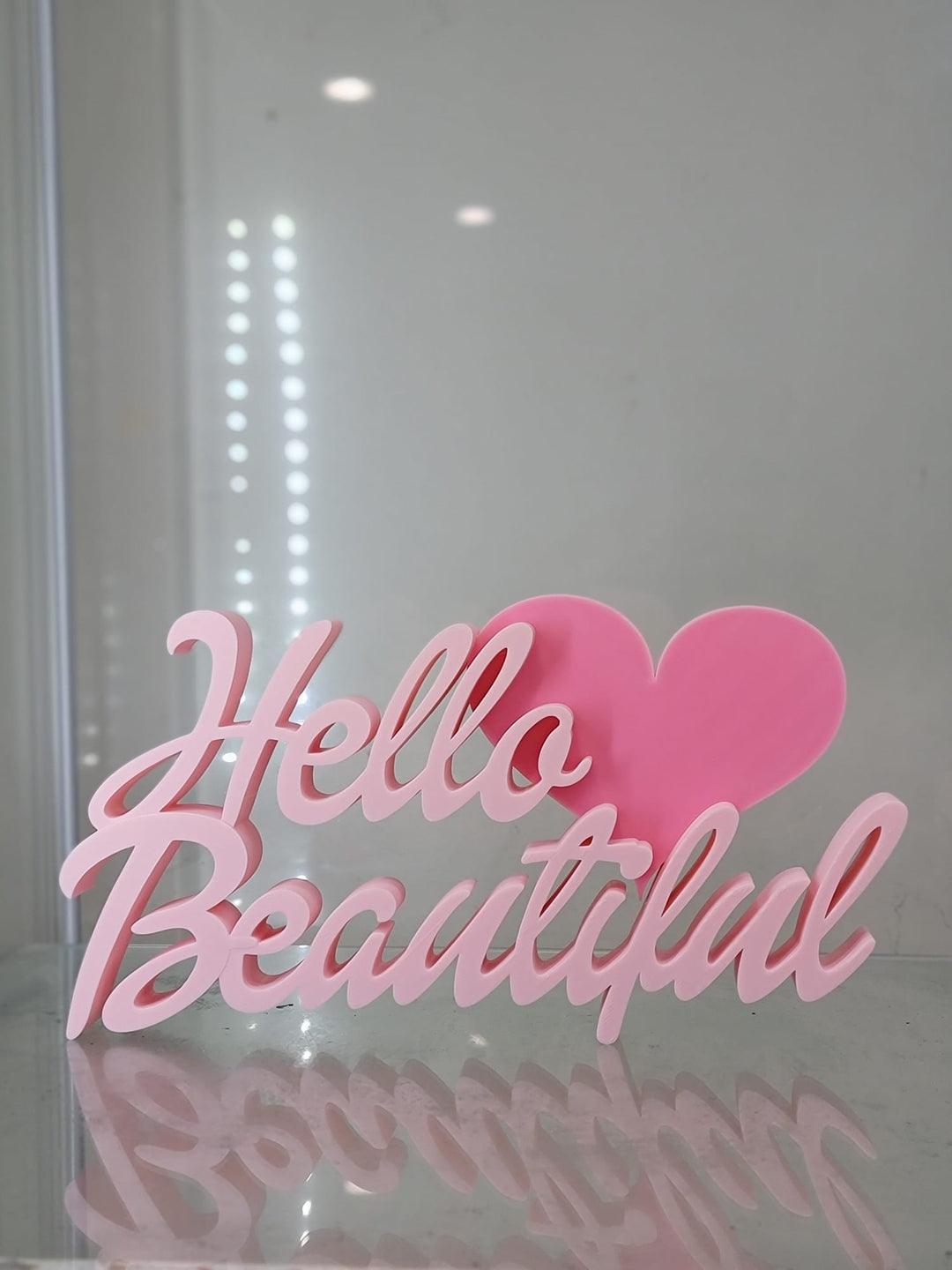 Hello Beautiful" 3D - Printed Pink Sign with Heart – Perfect for Vanity & Home Décor - JDColFashion