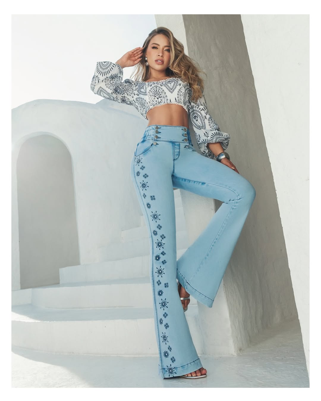 Baccon 100% Authentic Colombian Push-Up Flare Jeans with Floral Side Embroidery